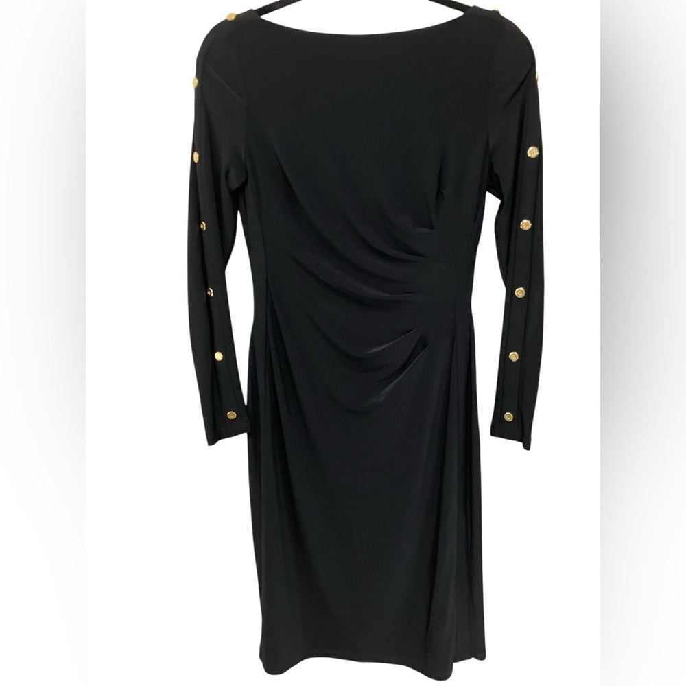 Lauren Ralph Lauren Slimming Blk Ruched Knee Lgth ButtonSleeve Detail Drees Sz 2 - Picture 3 of 10